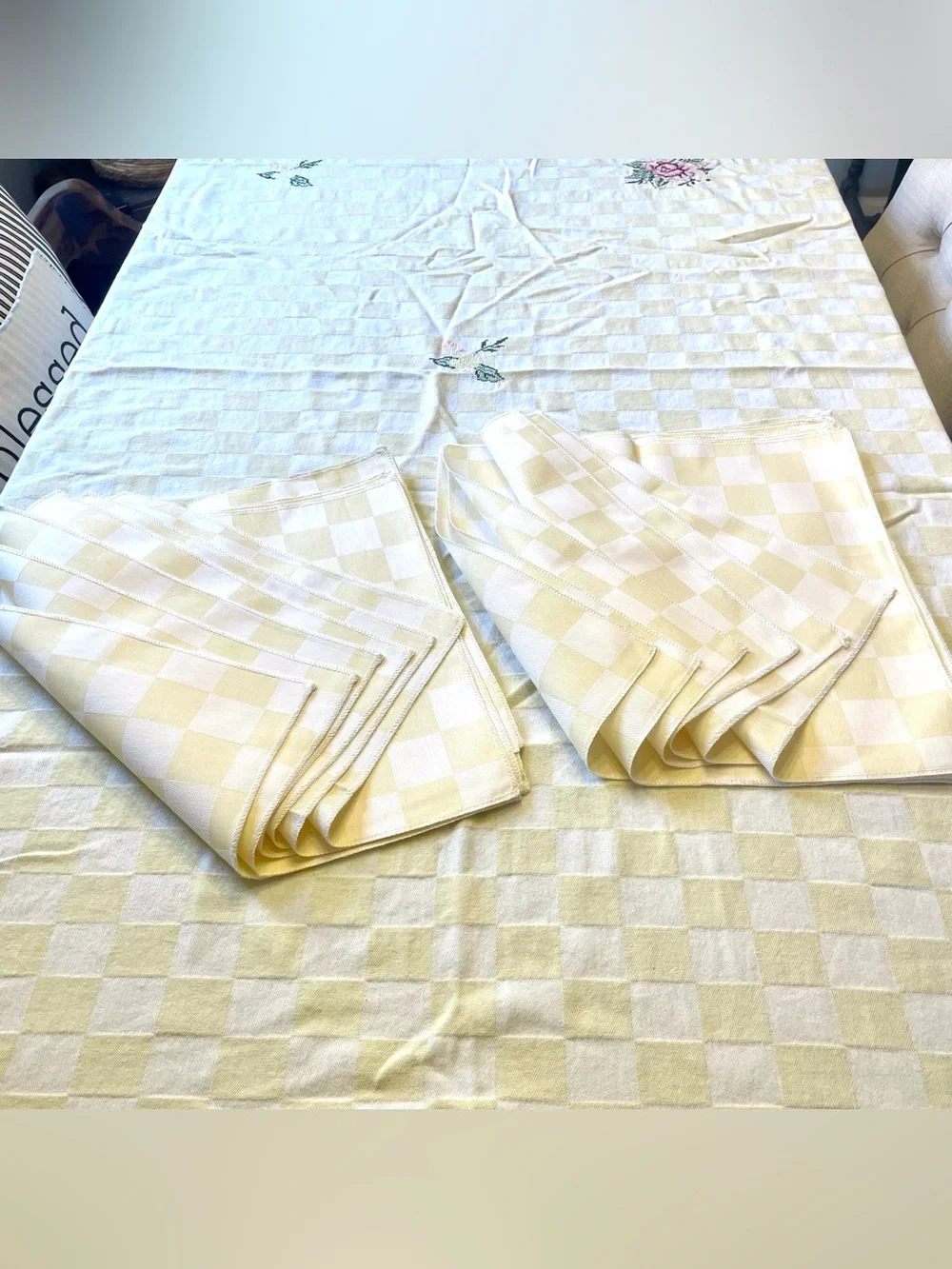 Vtg Yellow White Checkerboard Tablecloth Floral Cross Stitch 78